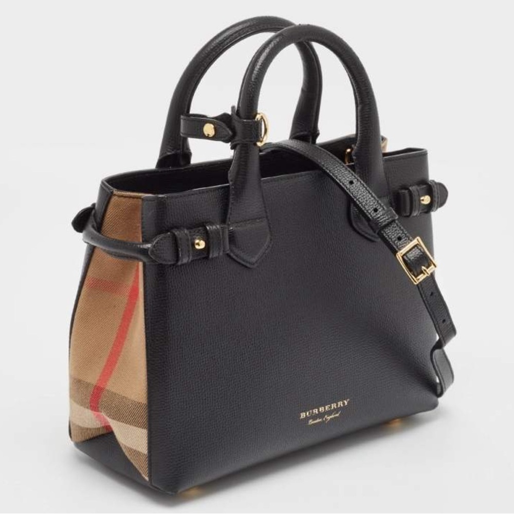 Burberry Black/Beige Leather and House Check Fabric Small Banner Tote